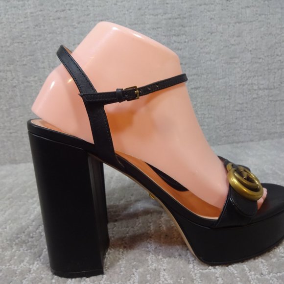 Gucci Marmont Double G Women's Size 39 EU Black Leather High Heel Sandals Shoes - Picture 5 of 14